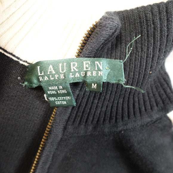 Ralph Lauren Sweater Womens Medium Knit Half Zip Pullover Black White Stripe - Picture 2 of 9